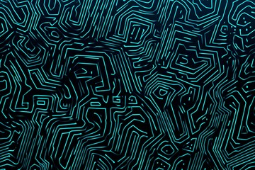 Abstract close-up of a glowing blue digital circuit board, showcasing intricate connections and technological design on a black background.

