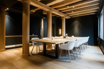 Modern conference room with wooden table and white chairs. AI generated illustration.