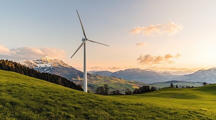 Wind turbine on a vibrant green hillside with mountainous backdrop at sunset