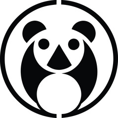 A minimalist black and white panda face icon inside a circle. Simple, geometric shapes create a stylized panda image, suitable for logo or graphic design. Clean lines, strong contrast.