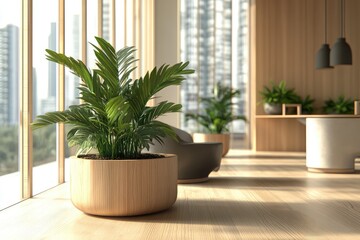 Modern coworking office with plants, city view, and daylight. AI generated illustration.