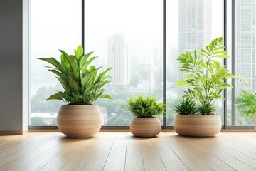 Modern coworking office with plants, city view, and daylight. AI generated illustration.