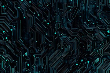 Fototapeta premium Abstract close-up of a glowing blue digital circuit board, showcasing intricate connections and technological design on a black background. 