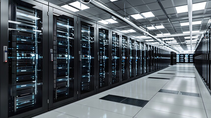 Modern Data Center Server Room with Advanced Technological Infrastructure and High Security