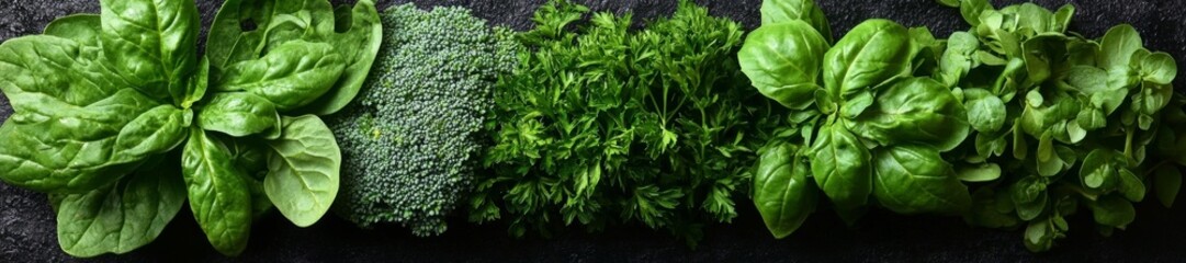 Obraz premium Fresh Organic Green Vegetables and Herbs Displayed on Dark Background. Generative AI