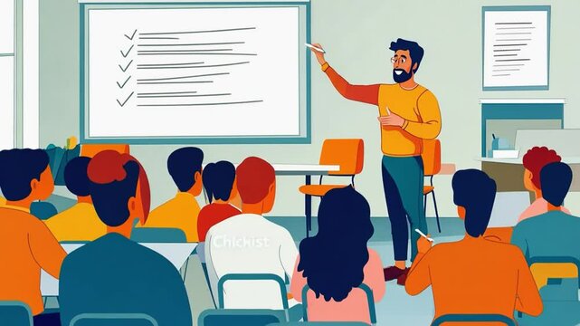Professor giving lesson to students in classroom