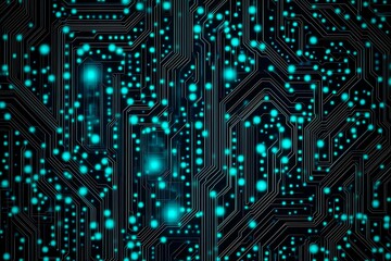 Abstract close-up of a glowing blue digital circuit board, showcasing intricate connections and technological design on a black background.

