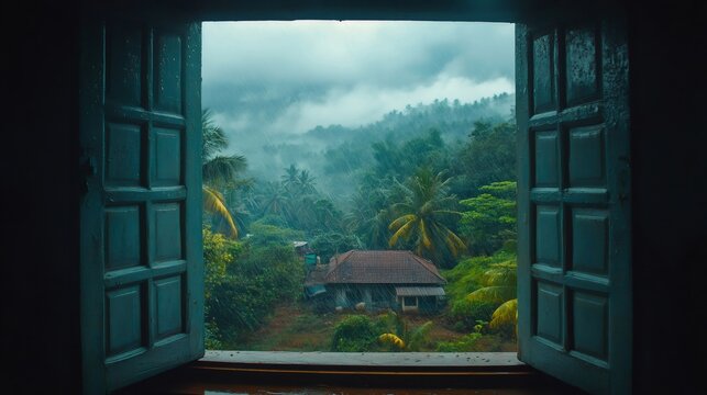 Fototapeta Rain falling on a tropical forest viewed through an open window