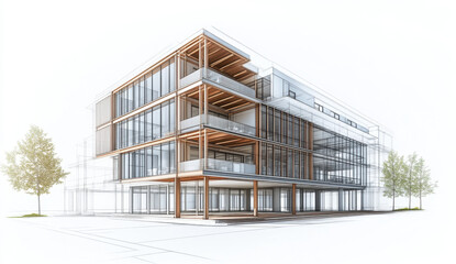 Fototapeta premium Detailed architectural design of a multi-story structure featuring expansive glass facades and wooden accents in a contemporary layout