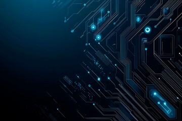 Abstract close-up of a glowing blue digital circuit board, showcasing intricate connections and technological design on a black background.
