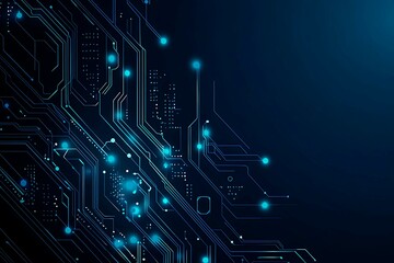 Abstract close-up of a glowing blue digital circuit board, showcasing intricate connections and technological design on a black background.
