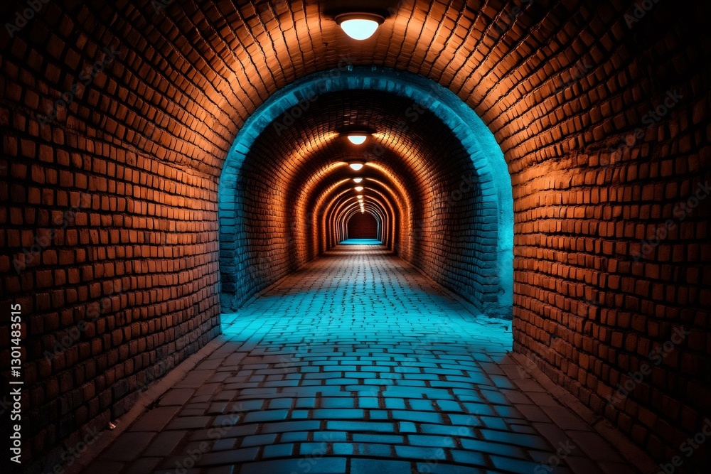 Poster Long brick tunnel with cobblestone floor and lighting creating gradient effect