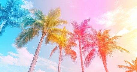 Obraz premium Vibrant and Colorful Palm Trees Against a Bright Sky with Soft Clouds and a Tropical Feel for Summer Vibes and Relaxation