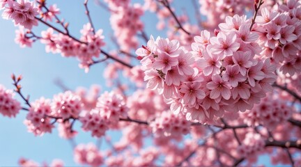 Obraz premium Lush pink cherry blossoms in full bloom, densely clustered on branches, bright cerulean blue sky backdrop, soft diffused daylight, delicate floral details, vibrant springtime nature scene 