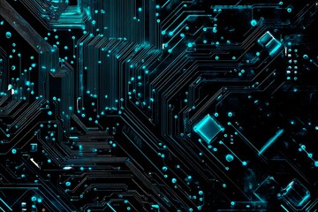 Obraz premium Abstract close-up of a glowing blue digital circuit board, showcasing intricate connections and technological design on a black background. 