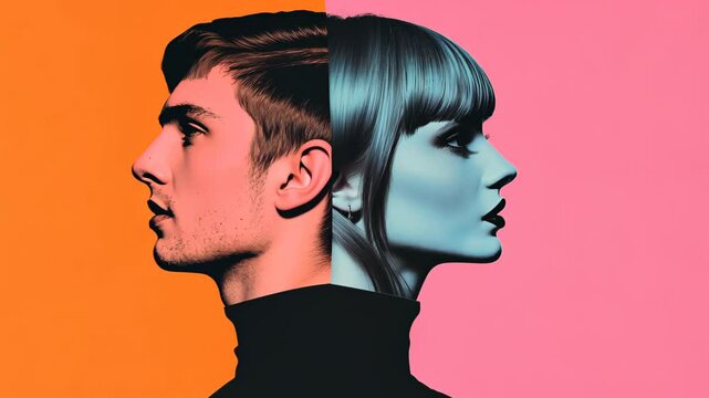 Abstract Collage Art of Dual Faced Portraits with Bold Color Contrast in Private Online Correspondence Setting, Combining Modern Digital Aesthetics and Expressionism in Vibrant Pink and Blue