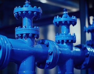 Blue water pipes with distinct valves and fittings are prominently displayed in an industrial setting, highlighting advanced infrastructure