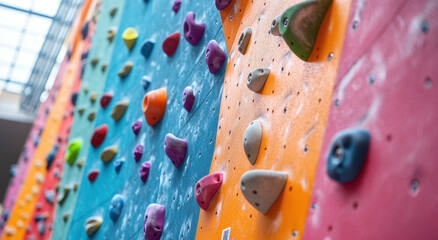 Climbers navigate vibrant climbing walls during their session at an indoor facility, showcasing various routes and holds