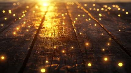 Obraz premium Warm Golden Lights on Dark Rustic Wooden Background Perfect for Holiday Designs Winter Festive Season Elegant Glowing Sparkle Texture Photo Overlay 