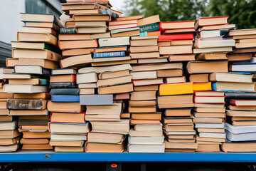 Fototapeta premium A towering stack of well-worn books, piled high with knowledge and stories waiting to be discovered. Books symbolize learning and discovery.