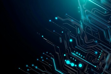 Abstract close-up of a glowing blue digital circuit board, showcasing intricate connections and technological design on a black background.
