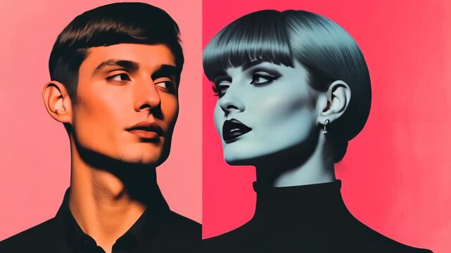 Abstract Collage Art of Dual Faced Portraits with Bold Color Contrast in Private Online Correspondence Setting, Combining Modern Digital Aesthetics and Expressionism in Vibrant Pink and Blue