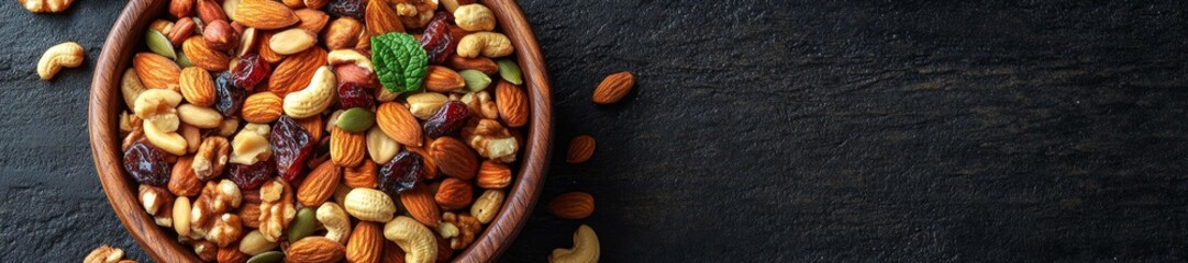 Fototapeta premium Healthy Mixed Nuts and Fruits in a Wooden Bowl on Dark Table. Generative AI