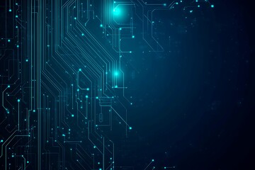 Abstract close-up of a glowing blue digital circuit board, showcasing intricate connections and technological design on a black background.
