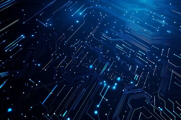 Abstract close-up of a glowing blue digital circuit board, showcasing intricate connections and technological design on a black background.
