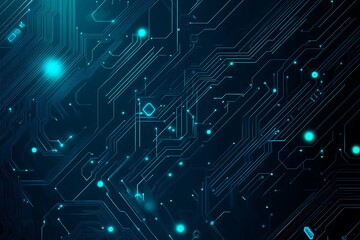 Abstract close-up of a glowing blue digital circuit board, showcasing intricate connections and technological design on a black background.
