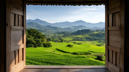 Fototapeta premium Open door to green rice terraces and mountain view in vietnam