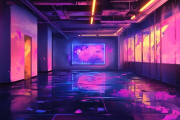 Modern empty hall illuminated with vibrant neon paints. AI generated illustration.