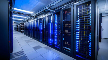 Modern Data Center Server Room with Advanced Technological Infrastructure and High Security