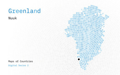 Fototapeta premium A map of Greenland depicted in zeros and ones in the form of a circle. The capital, Nuuk, is shown in the center of the circle 