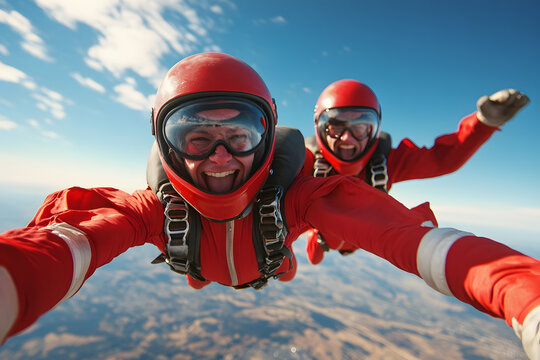 Two skydivers in red suits and helmets take a selfie mid-air, smiling broadly against the clear blue sky with scattered clouds and a distant landscape.
