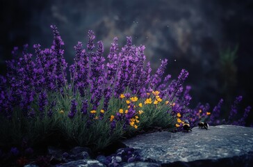 Obraz premium Vibrant lavender blossoms and wildflowers with bees working hard in a serene nature scene, capturing the beauty of pollination and garden life