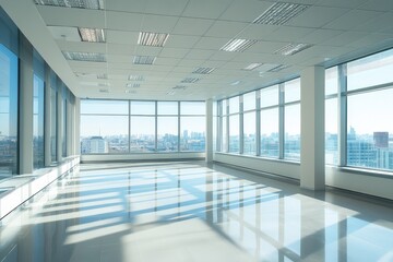 Modern empty office with minimalist design and open space. AI generated illustration.