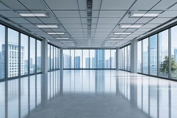 Modern empty office with minimalist design and open space. AI generated illustration.