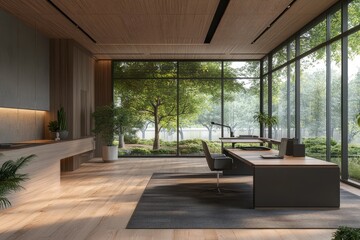 Fototapeta premium Modern empty office interior with a spacious city view. AI generated illustration.