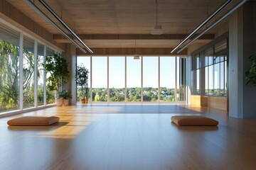 Fototapeta premium Modern empty office interior with a spacious city view. AI generated illustration.