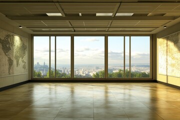 Fototapeta premium Modern empty office interior with a spacious city view. AI generated illustration.