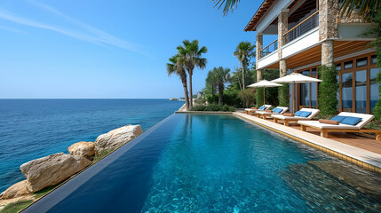 Fototapeta premium Oceanfront Villa Infinity Pool with Palm Trees, Relaxing Tropical Getaway