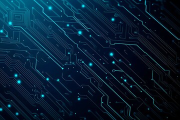 Abstract close-up of a glowing blue digital circuit board, showcasing intricate connections and technological design on a black background.
