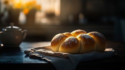 A Detailed Shot of a Golden Brown Bun on Linen: A Still Life Featuring Baked Goods