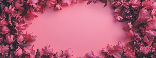 Obraz premium Pink Holiday banner. Bouquet of pink tulips on a pink background. Concept for Mothers Day, Valentines Day, and Birthday celebrations. Copy space included, top view