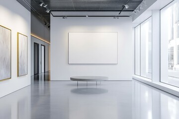 Modern gallery showroom with an abstract empty wall. AI generated illustration.