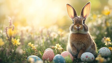 Easter Bunny in Soft Spring Light with Vibrant Eggs in the Background. Generative AI