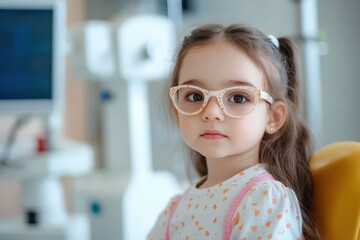 Fototapeta premium Little girl in eyewear in ophthalmology clinic have test of vision