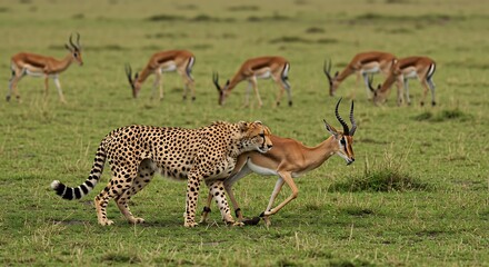 Obraz premium Cheetah and Impala in Serengeti: A Dramatic Wildlife Encounter