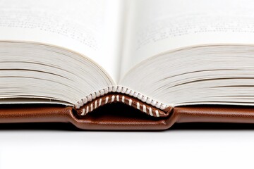 Obraz premium Open book with brown leather cover.